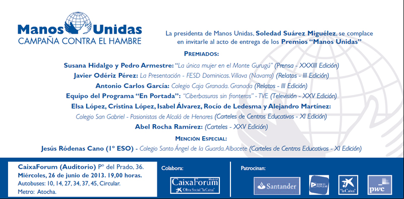 Invitación a la Gala de entrega de los "Premios Manos Unidas"