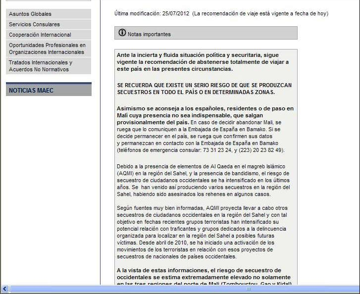 Recomendación del Ministerio de Asuntos Exteriores sobre Mali