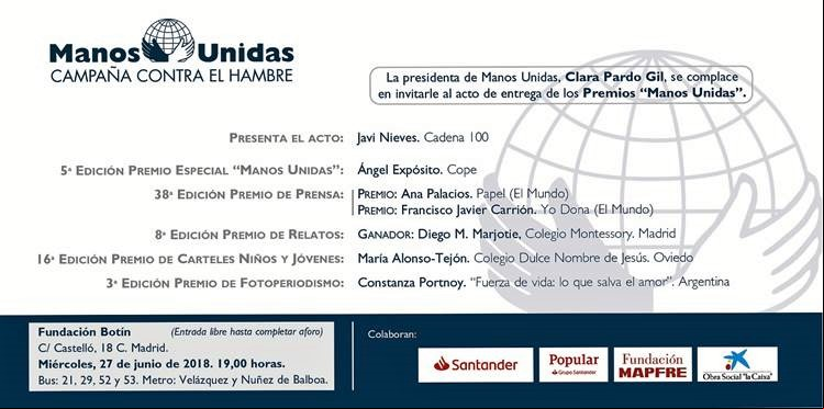 Invitación a los Premios Manos Unidas 2018