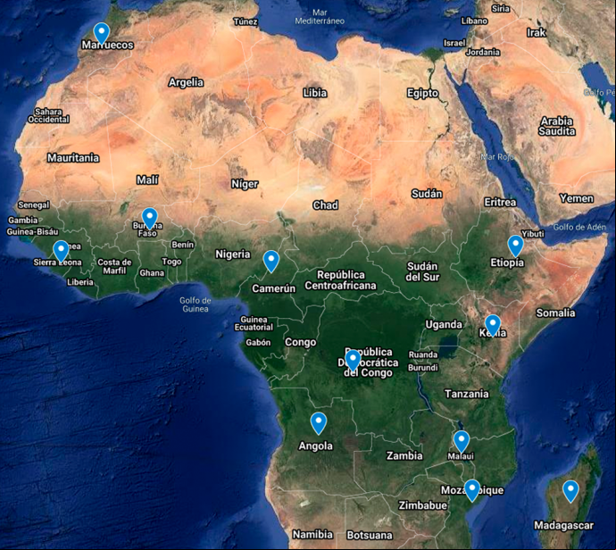 Mapa de los proyectos de emergencia contra el coronavirus en África