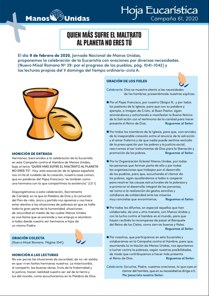 Hoja Eucarística Jornada Nacional de 2020. Manos Unidas